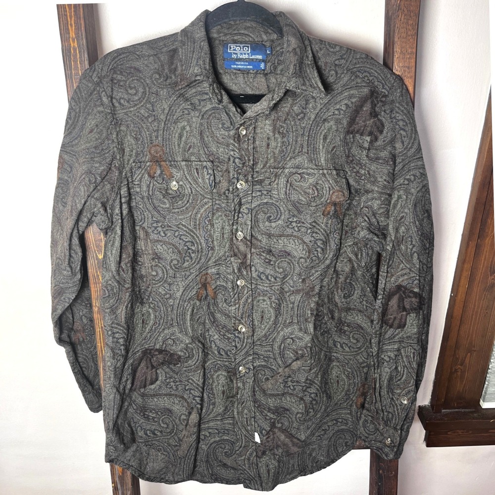 Polo Ralph Lauren Vintage 100% Wool Paisley Horse Shirt Made in USA Mens Large